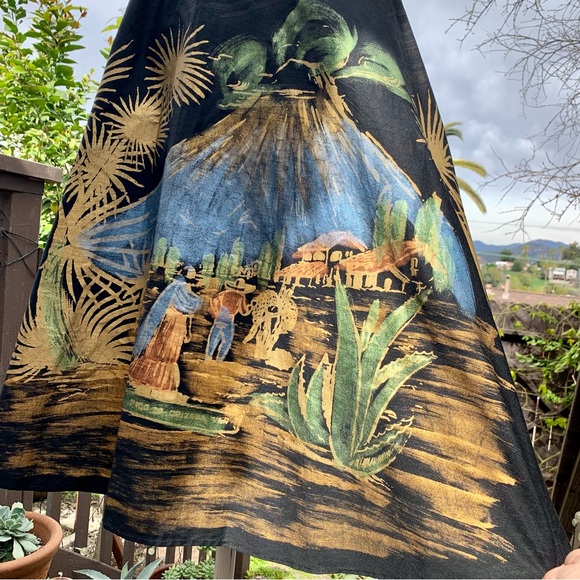 VINTAGE Mexican 1950s Black & Metallic Hand Painted Souvenir Circle Midi Skirt - Picture 5 of 11